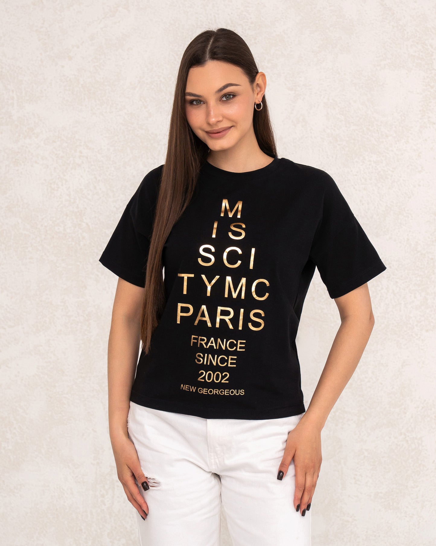 Damen-T-Shirt mit metallicfarbenem Schriftprint