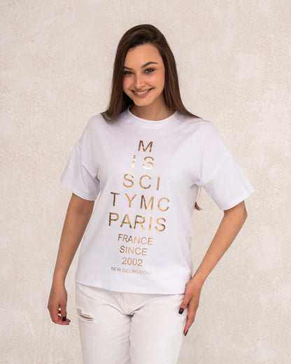 Damen-T-Shirt mit metallicfarbenem Schriftprint