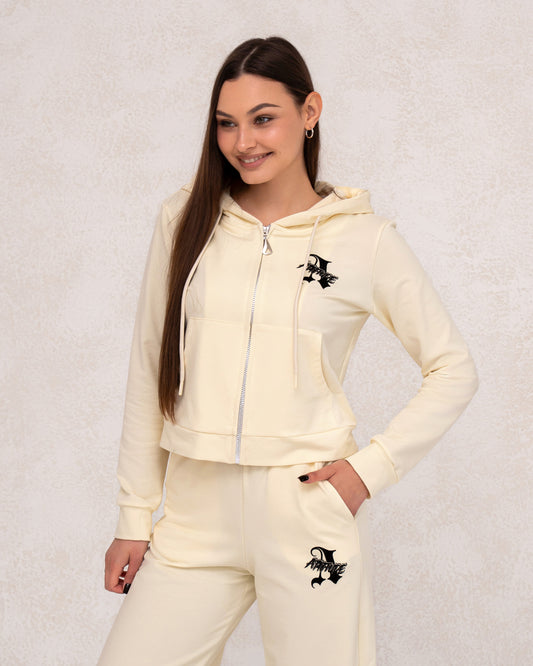 Moderner Damen-Zweiteiler mit weiter Hose und Kapuzenjacke
